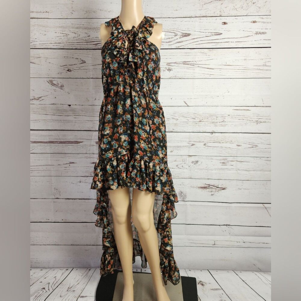 Millau Black Floral Ruffle High-Low Sleeveless Maxi Dress Size Small